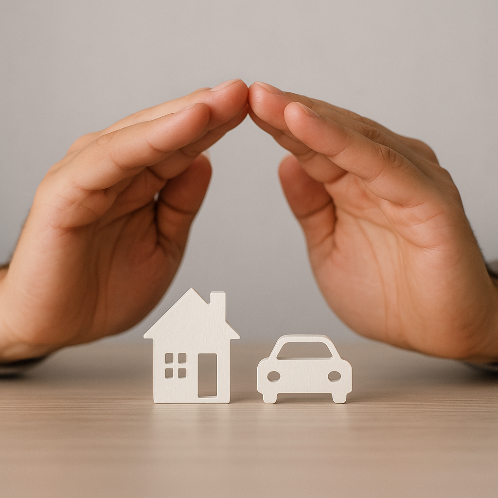 Seguros. Manos protegiendo figuras de hogar y coche